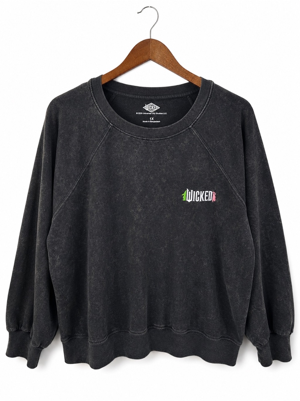 Wicked Embroidered Black Acid Wash Sweatshirt 1X Universal Studios